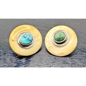 Vintage BONE silver and turquoise round pierced earrings 12.59 grams
